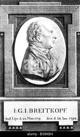 Breitkopf, Johann Gottlob Immanuel, 23.11.1719 - 28.1.1794, deutscher Buchdrucker, Porträt, Kupferstich von Huellmann, Leipzig, 1805, Artist's Urheberrecht nicht gelöscht werden Stockfoto