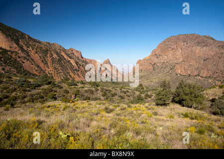 Big Bend Nationalpark, Texas - Fenster, eine Lücke in der Chisos Berge die Entfernung der Chihuahua-Wüste unten abfällt. Stockfoto