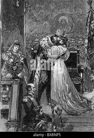 Nikolaus II. Alexandrowitsch, 6.5.1868 - 16.7.1918, Kaiser von Russland 1894 - 1917, Szene, Krönung, der Zar, der seine Frau, die Kaiserinmutter Alexandra Feodorowna Romanova, küsst, Holzgravur nach Zeichnung von R. E. Kepler, Stockfoto