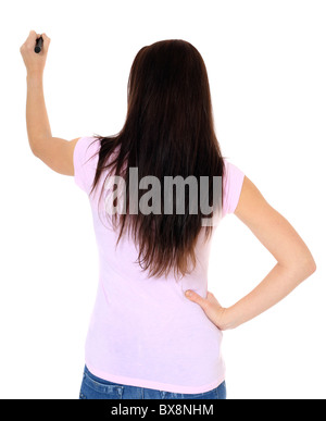 Attraktive Teenager-Mädchen mit schwarzen Marker. Alle auf weißem Hintergrund. Stockfoto