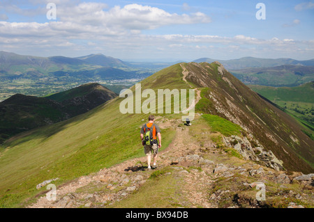 Walker am Grat Narbe Klippen mit Blick auf Causey Hecht im Sommer im englischen Lake District Stockfoto