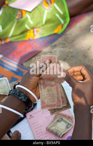 Eine Frau zählt Liberianischer Dollar in Kakata, Liberia, Westafrika. Stockfoto