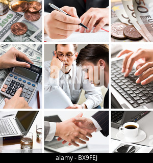 Kreative Unternehmen unter dem Motto Collage: Geld, menschliche Hände, Menschen und Technologie Stockfoto