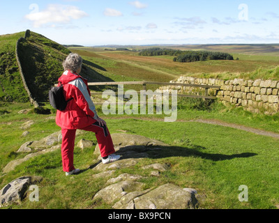 Mit Blick über die Landschaft von Northumberland von Hadrian's Wall, in der Nähe von Housesteads fort, Northumberland, England, UK. Stockfoto