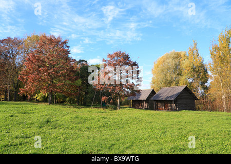 Holzbauten unter Herbst Baum Stockfoto