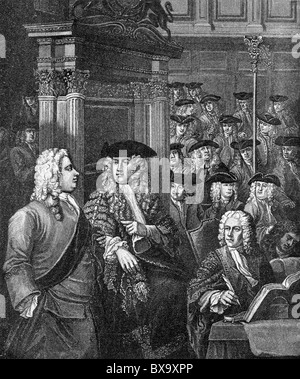 Das House Of Commons in Walpoles Verwaltung; Gravur nach Hogarth und Thornhill; Schwarz und weiß-Abbildung; Stockfoto