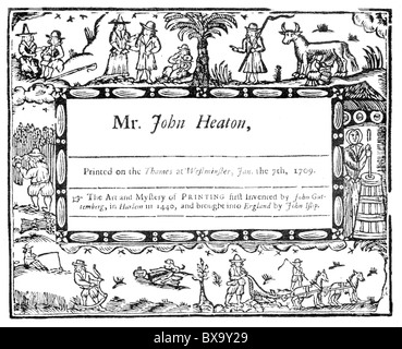 Werbung von John Heaton, Drucker, 1709; Schwarz und weiß-Abbildung; Stockfoto