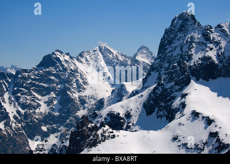 Gipfel: Rysy, Vysoka und Mieguszowiecki in der hohen Tatra, im winter, Blick vom Szpiglasowa Przelecz (Pass) Stockfoto