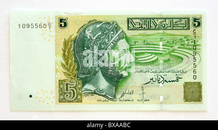 Tunesien 5 fünf Dinar Banknote. Cinq Dinar. Stockfoto