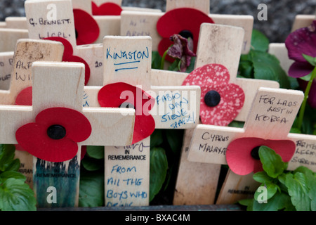 Nahaufnahme der Miniatur aus Holz kreuzt mit Mohnblumen, die neben einem Kriegerdenkmal befestigt. Stockfoto