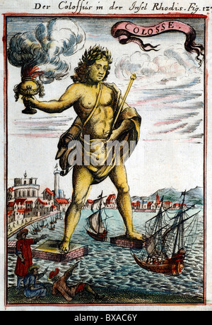 Koloss von Rhodos auf Rhodos Hafen oder Hafen, Griechenland. Kupfer-Kupferstich von Alain Manesson Mallet (1719) Stockfoto