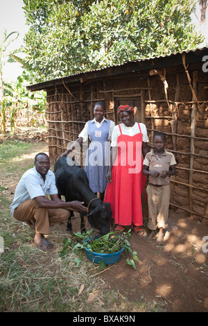 Ugandische Familie steht außerhalb der eigenen Wohnung mit ihrer Kuh im Buwanyanga Dorf - Sironko, östlichen Uganda, Ostafrika. Stockfoto