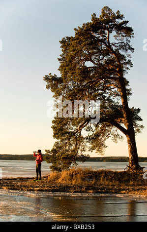 Mann steht unter Baum am See Stockfoto