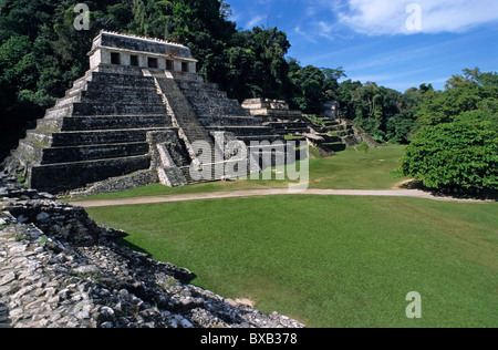 Tempel der Inschriften, Ruinen von Palenque, Chiapas, Mexiko Teil einer Gruppe der Tempel an der Maya. Stockfoto