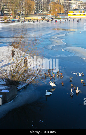 Blick auf den zugefrorenen See der Außenalster in Hamburg, Deutschland Stockfoto