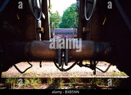 Verknüpfte Transport Eisenbahnwaggons, close-up Stockfoto