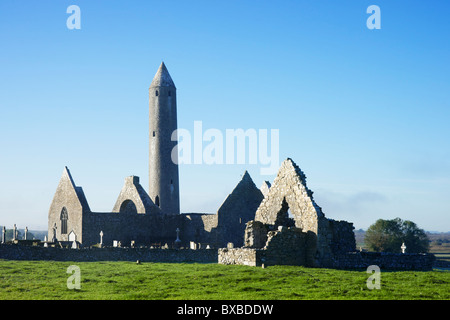 Kilmacduagh Kloster und Rundturm, Burren, County Galway, Connaught, Irland. Stockfoto