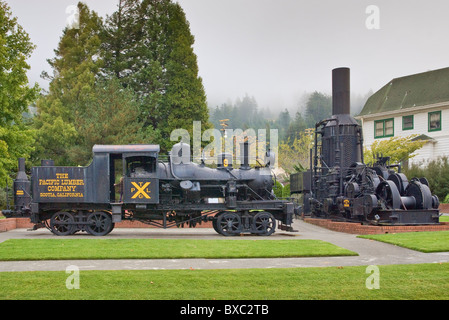 Dampf Dampflok Heisler 1921 und Duplex Flyer Esel am Pacific Lumber Company Museum in Scotia, Kalifornien, USA Stockfoto