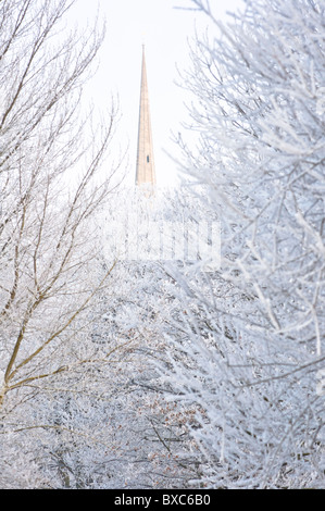 Der Turm der Kirche St. Andrew durch Frost bedeckt Bäume in Worcester, England. Stockfoto