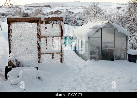 Schneebedecktes Gewächshaus. Kleinbetriebe. Nidderdale, North Yorkshire Stockfoto