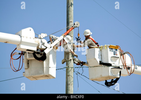 Utility Workers in Eimern arbeiten an elektrischen Leitungen. Stockfoto