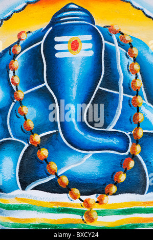 Stilisierte moderne Lord Ganesha Gemälde an der Wand eines ländlichen indischen Dorf Schule. Andhra Pradesh, Indien Stockfoto