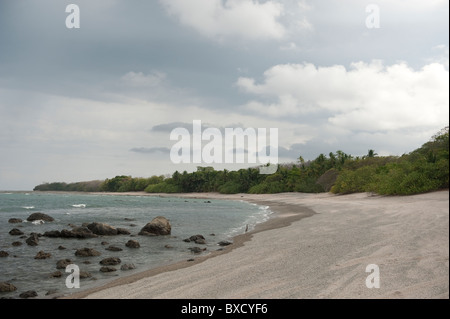 Sandstrand mit vordringenden Bäumen und Felsen in der Brandung, an einem bewölkten Tag bewölkt Stockfoto