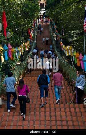 Menschen Aufstieg und Abstieg die 300 Stufen hinauf zum Wat Phra That Doi Suthep in Chiang Mai in Thailand. Stockfoto