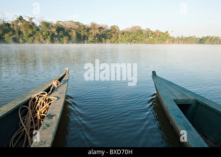 Eine hölzerne Kanu gemacht Eucylptus Baum schwebt in den Amazonas und Nebenflüssen im Regenwald verbinden. Stockfoto