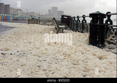 Starkem Wind und Seegang führte zu Hove Strandpromenade in Zoll der Schaum des Meeres bedeckt Stockfoto