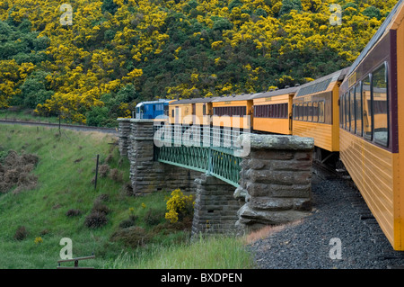 Überqueren eine Brücke auf die Taieri Gorge Railway, Central Otago, Neuseeland Stockfoto