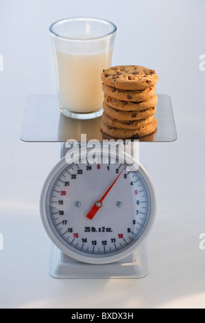 Kekse und Milch auf Küchenwaage Stockfoto