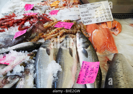 Nahaufnahme von Fischen auf Eis im Markt Stockfoto