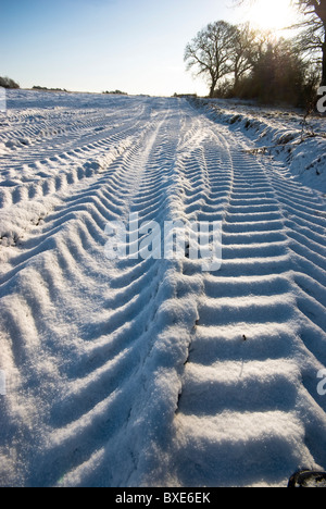 Tiefen Traktorspuren im Schnee am Rand eines Feldes im Winter.  Mit blauem Himmel und kahlen Bäumen. Stockfoto