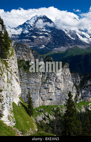 Blick auf die Eiger-Nordwand im Sommer, Berner Oberland, Schweiz Stockfoto