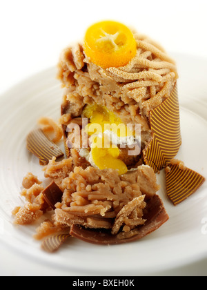 Ein modernes Japanisch mit einem trippelte Schokolade Gehäuse und Pipe Kastanienpüree mit Kumquat-Sauce, in einer modernen Designer Schale Kuchen Stockfoto