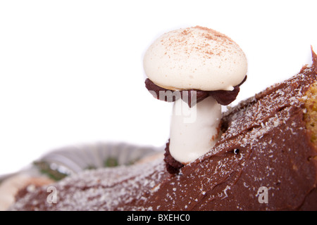 Baiser-Pilz auf Kuchen mit Schokoladenglasur isoliert auf weiss Stockfoto