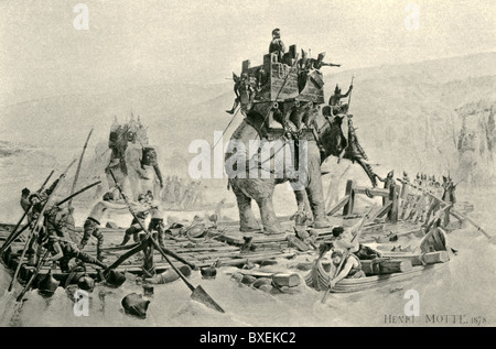Karthagische general Hannibal Barca überquerte die Alpen, mit seiner Armee und Elefanten, in Italien in 216 v. Chr. gegen die Römer. Stockfoto