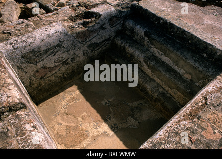 Die Überreste einer Badewanne ausgestattet, komplett mit Fisch-Mosaiken in Milreu Roman Ruinen in der Nähe von Estoi, im Süden Portugals Algarve Provinz Stockfoto