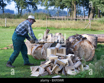 Mann, Spalten Brennholz mit einer Axt. Stockfoto