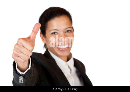 Lächelnd selbst, die zuversichtlich Geschäftsfrau Daumen auftaucht. Isoliert auf weißem Hintergrund. Stockfoto