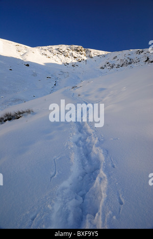 Verschneiten Wanderweg bis Kamm Gill in Richtung Kamm Klippen auf Lakelandpoeten im Winter im englischen Lake District Stockfoto