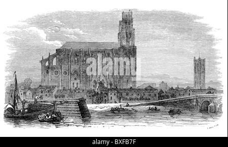 Mantes-Kathedrale am Ufer der Seine, 19. Jahrhundert; Schwarz / weiß-Illustration von H G Hine; Stockfoto
