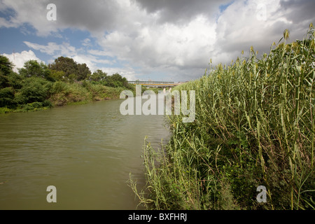 Den unbebauten Ufern des Flusses Rio Grande fließt durch die Innenstadt von Brownsville, Texas, Blick nach Westen, Matamoros, Mexiko Stockfoto