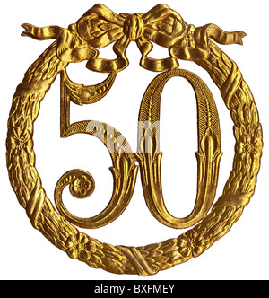 Deutschland, um 1930, Jubiläum, Jubiläum, Dekoration, Gold, Zahl, Zahlen, fünfzig, 50, fünf, Null, 5,0, goldene Hochzeit, Kranz, Gratulation, 50., Verzierung, Ausschnitt, Ausschnitt, 1930er, 30er, 20. Jahrhundert, , Zusatzrechte-Clearences-nicht vorhanden Stockfoto