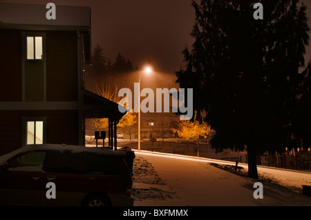 Eine Straße Licht strahlt über einer frischen Schneedecke Schneefall in einer ruhigen Gegend in einer Winternacht. Stockfoto