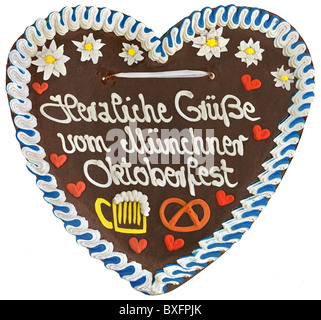 Lebkuchen, Lebkuchen Herz mit Aufschrift "Schöne Grüße aus der Münchner Oktoberfest", München, Deutschland, Additional-Rights - Clearance-Info - Not-Available Stockfoto