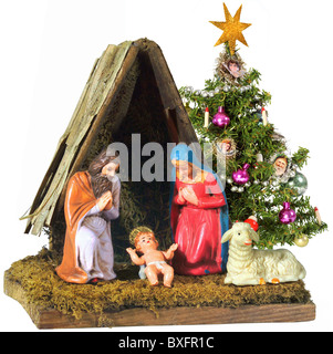 Weihnachten, Krippe mit Weihnachtsbaum, 20. Jahrhundert, historisch, Krippe, Krippe, crèche Krippe, Krippen, Krippen, Krippe, crèches, Jesuskind, Gotteskind, Maria, Joseph, Betlehem, Weihnachtsgeschichte, die Krippe, Krippe, Tradition, Traditionen, Tannenbaum, Tannen, Menschen, Nostalgie, zusätzliche-Rechte-Clearences-nicht verfügbar Stockfoto