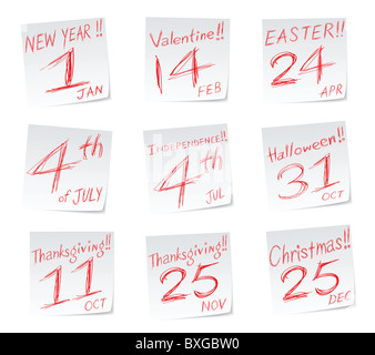 Eine Reihe von Illustrationen von handschriftlichen Notizen von Feiertagen mit Kalenderdatum. Stockfoto