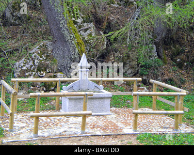 moderne Steinbrunnen in den Lärchenwald umgeben von hölzernen Zaun Stockfoto